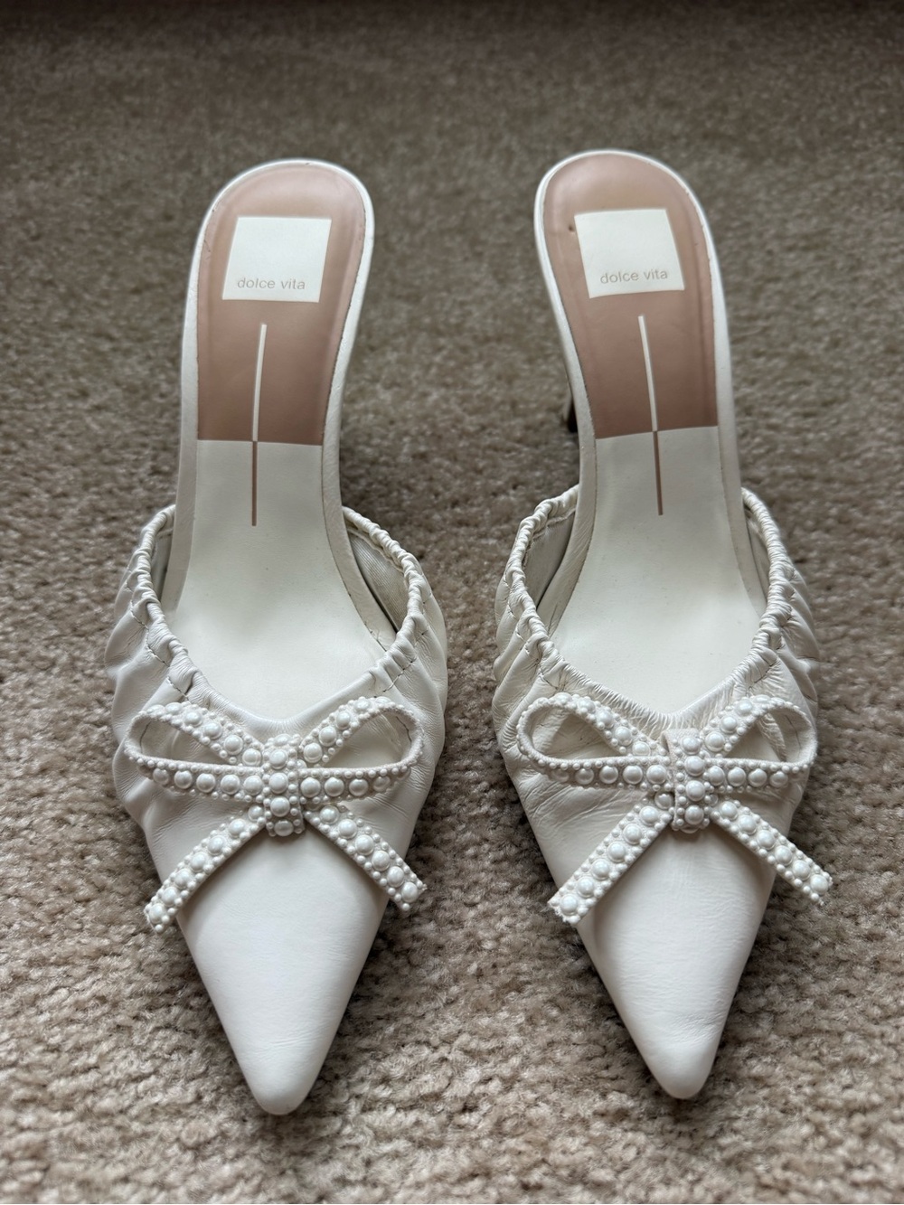 Dolce Vita Cream Pointed Pearl Bow Slip-On Mules
